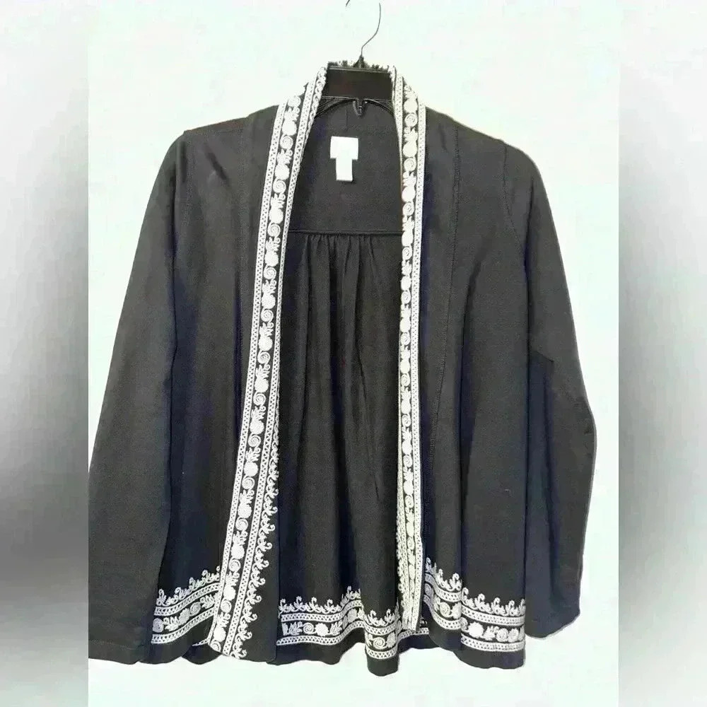 Lucky Brand Size M Whitney Wrap Black Ivory Embroider Open Front Cardigan